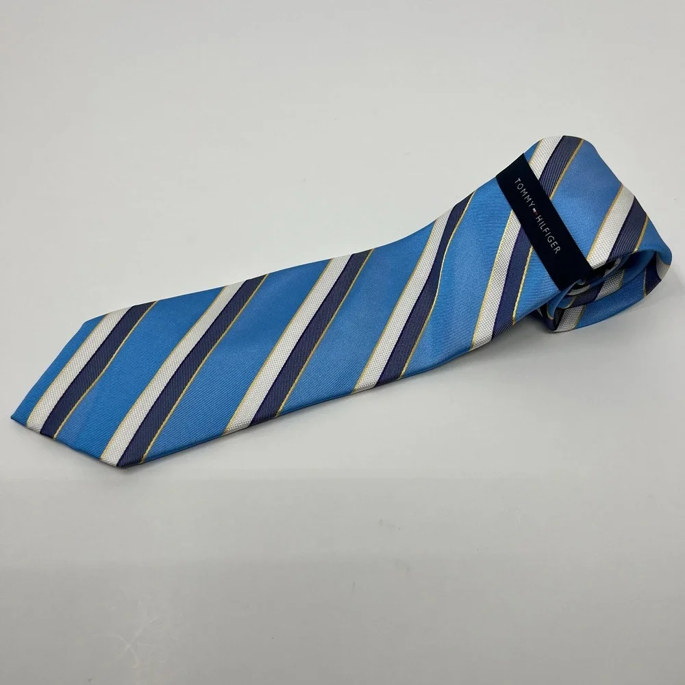 Tommy Hilfiger Men's 100% Silk Tie‎ Stripe Sky Blue/Purple/Yellow/White VTG NWT